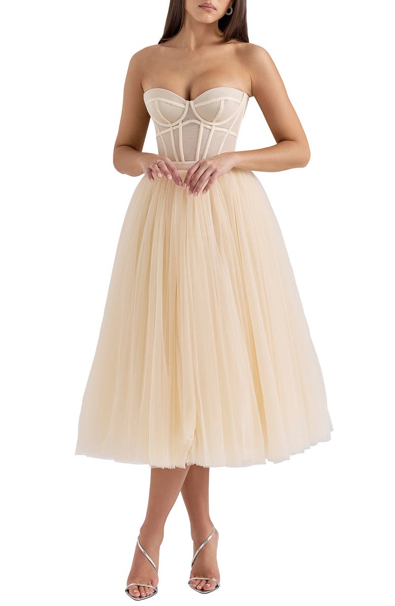 HOUSE OF CB Darling Strapless Tulle Midi Dress, Main, color, Vintage Cream