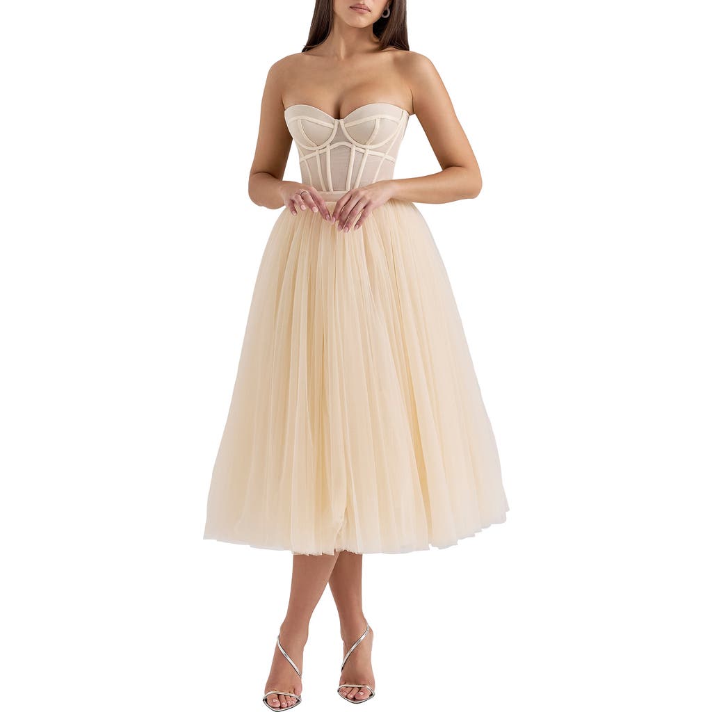 House Of Cb Darling Strapless Tulle Midi Dress In Vintage Cream