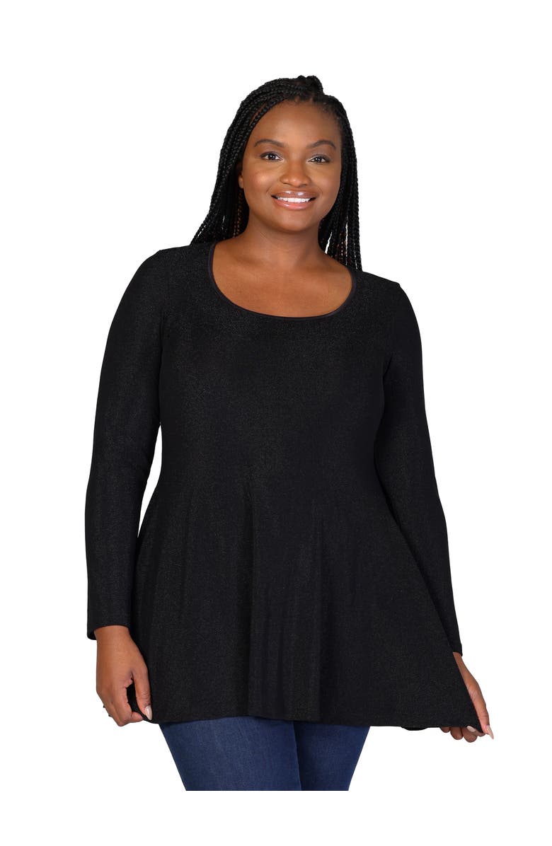 24seven Comfort Apparel Scoop Neck Long Sleeve Shimmery Fabric Tunic Top, Main, color, Black