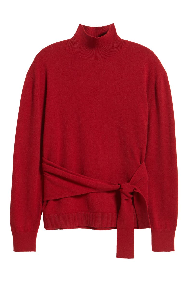 Falandia Tie Waist Mixed Media Turtleneck Wool & Cashmere Sweater, Alternate, color, DEEP RUBY