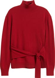 BOSS Falandia Tie Waist Mixed Media Turtleneck Wool & Cashmere Sweater