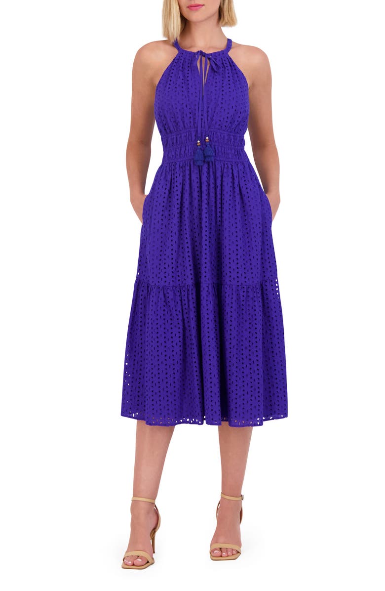 Vince Camuto Halter Neck Cotton Eyelet Midi Dress, Main, color, Porcelain Blue