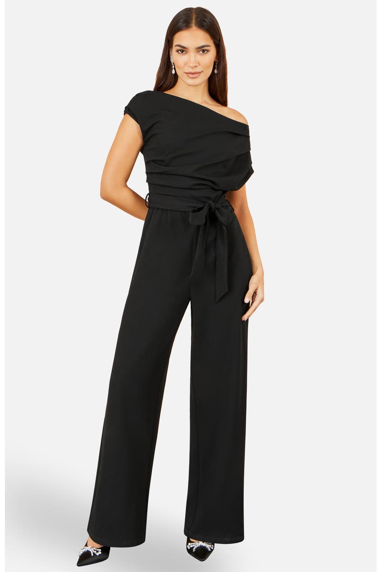 Asymmetric Ruched Stretch Jumpsuit, Main, color, Black