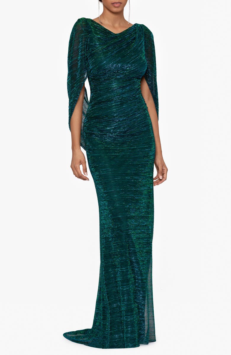 Betsy & Adam Metallic Drape Sleeve Sheath Gown, Main, color, Jade