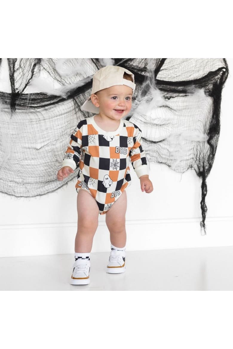Boo Checkered Halloween Long Sleeve Romper, Alternate, color, Natural
