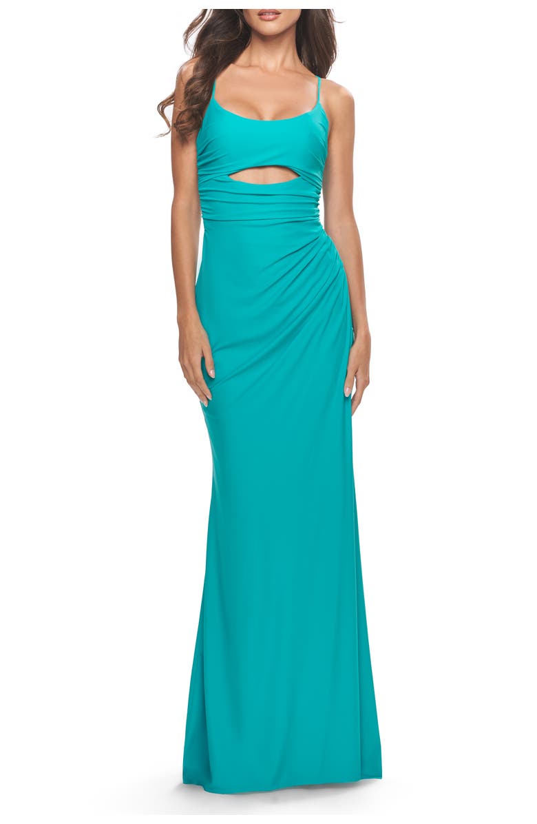 La Femme Cut Out Soft Jersey Dress with Lace Up Back, Main, color, Aqua