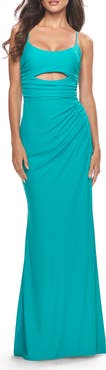 La Femme Cut Out Soft Jersey Dress with Lace Up Back