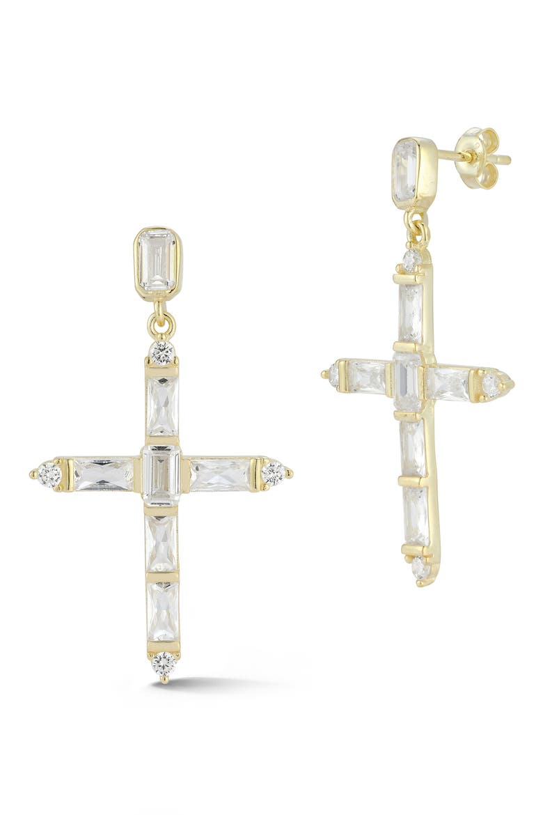 Sterling Silver & CZ Cross Dangle Earrings, Main, color, GOLD