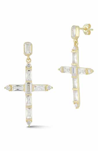 Sterling Silver & CZ Cross Dangle Earrings