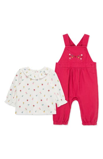 Little Me Bow Overall & T-shirt Set In Pink