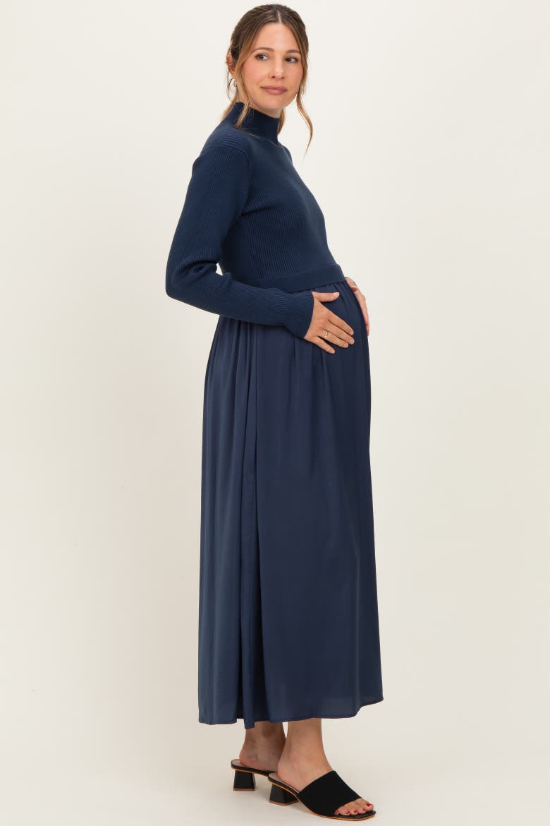 Knit Contrast Top Satin Midi Dress, Alternate, color, Navy Blue
