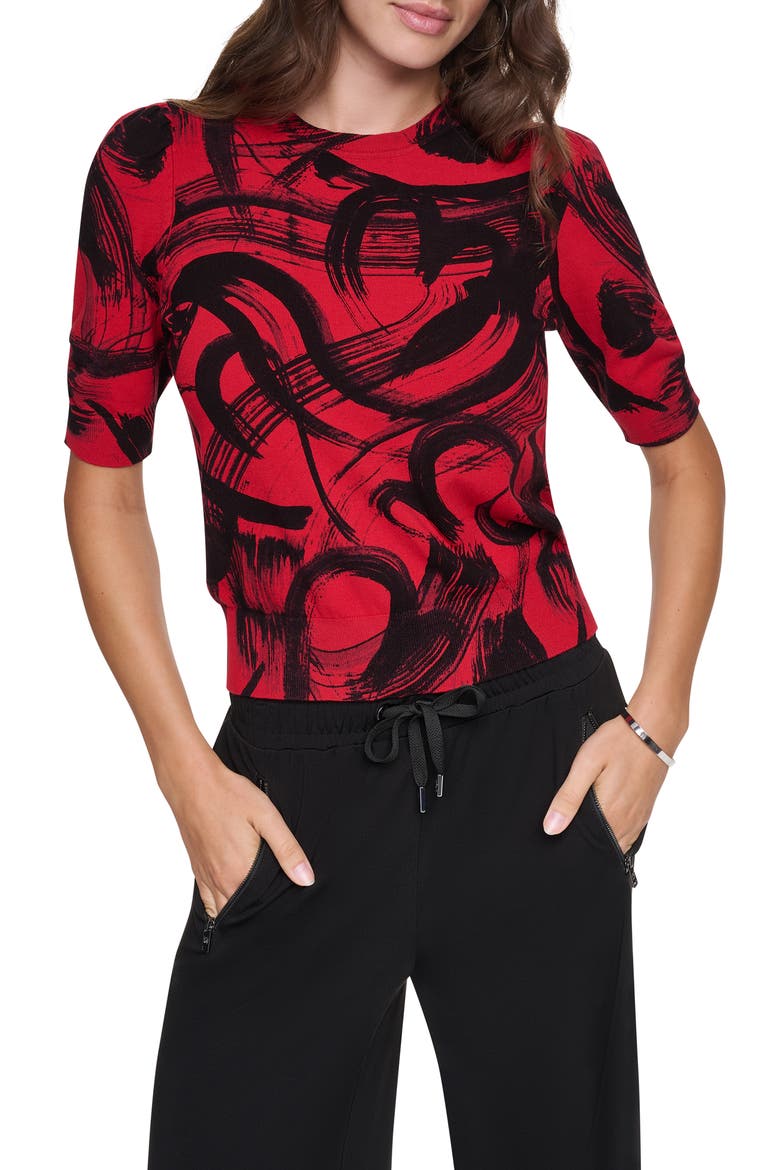 Brushstroke Pattern Short Sleeve Sweater, Main, color, RED HEART