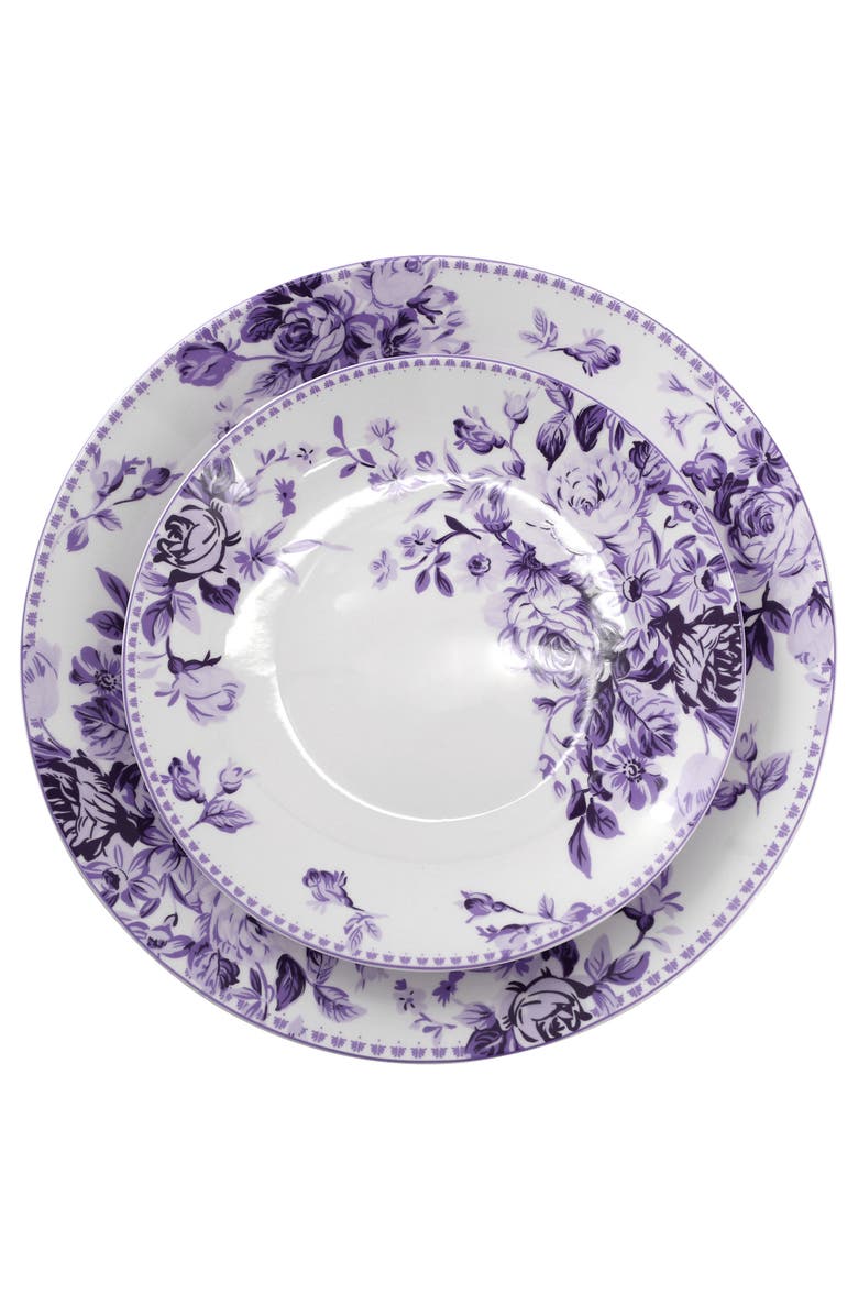 Elama Traditional Purple Rose 16 Piece Stoneware Dinnerware Set, Alternate, color, Purple