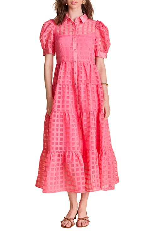 Grid Pattern Tiered Midi Shirtdress