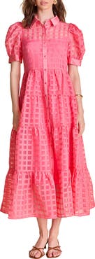 English Factory Grid Pattern Tiered Midi Shirtdress