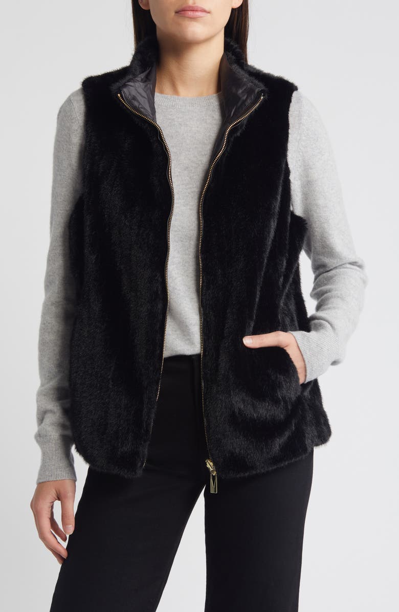 Via Spiga Reversible Faux Fur Vest, Alternate, color, Black