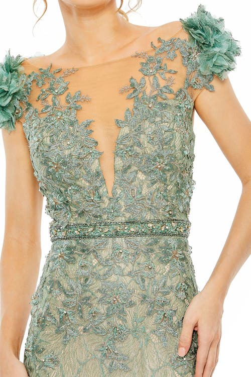 Mac Duggal Embroidered Illusion Appliqued Bodice Trumpet Gown In Sage