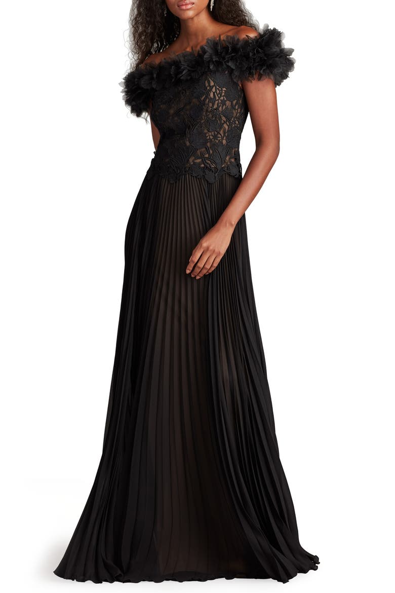 Off the Shoulder Lace Bodice Gown, Main, color, BLACK/ NUDE