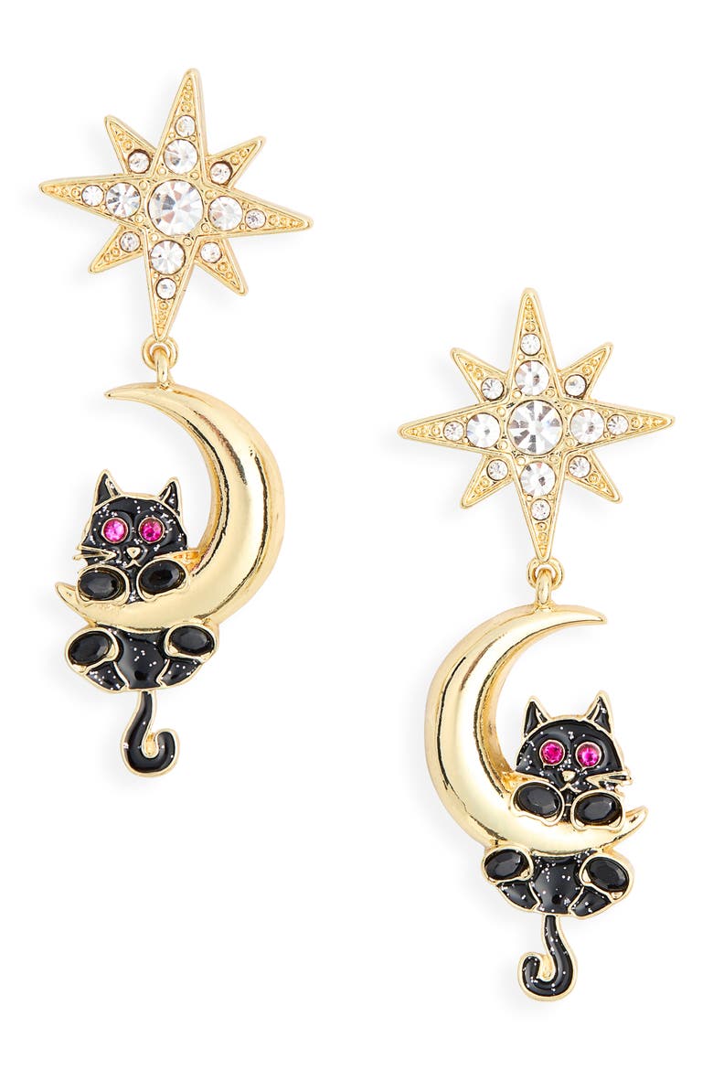 Cat & Moon Drop Earrings, Main, color, MULTI