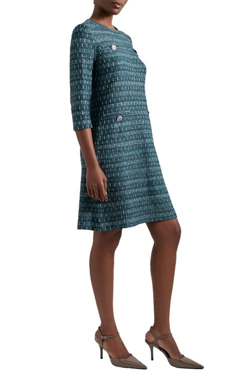 Misook Metallic Tweed Shift Sweater Dress In Blue