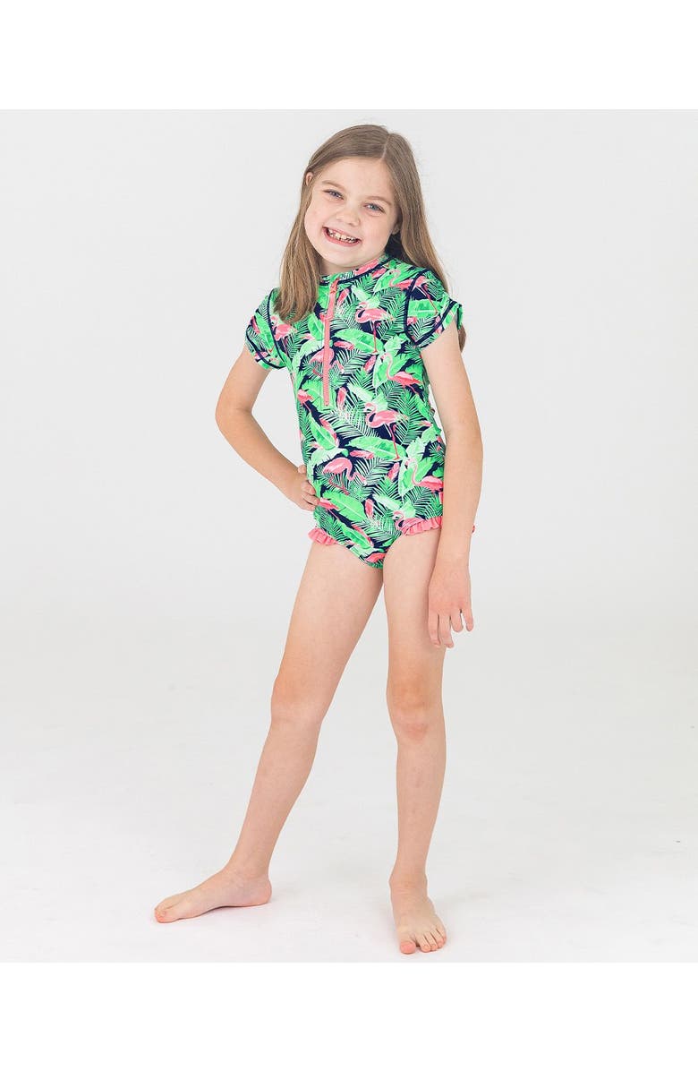 RuffleButts Toddler Girls Short Sleeve UPF50+ One Piece Rash Guard, Alternate, color, Flamingo Frenzy