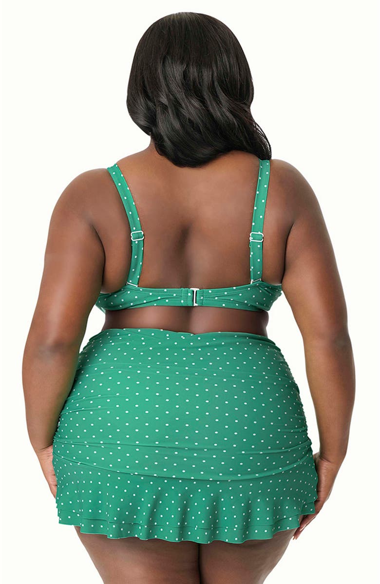 Unique Vintage Plus Size Ruched & Ruffled Alice Swim Skirt, Alternate, color, Green White Dots