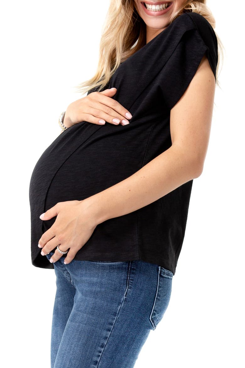 Handy Crossover Short Sleeve Cotton Maternity/Nursing Top, Alternate, color, BLACK