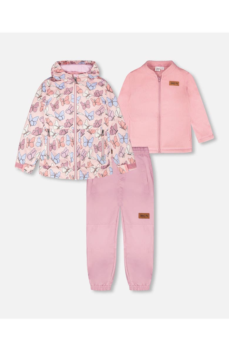 Deux par Deux 3-in-1 Two-Piece Mid-Season Outerwear with Solid Pants Set, Main, color, Pink With Printed Butterflies