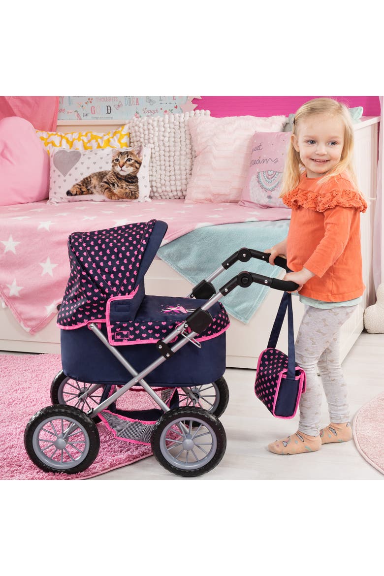 Trendy Doll Pram Stroller Navy Pink Hearts, 18 Inch Dolls, Alternate, color, Multicolored
