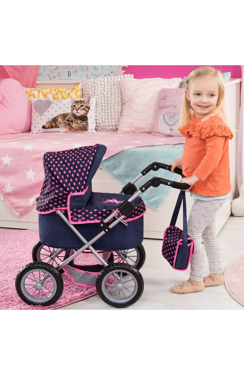 Bayer Design Trendy Doll Pram Stroller Navy Pink Hearts, 18 Inch Dolls, Alternate, color, Multicolored