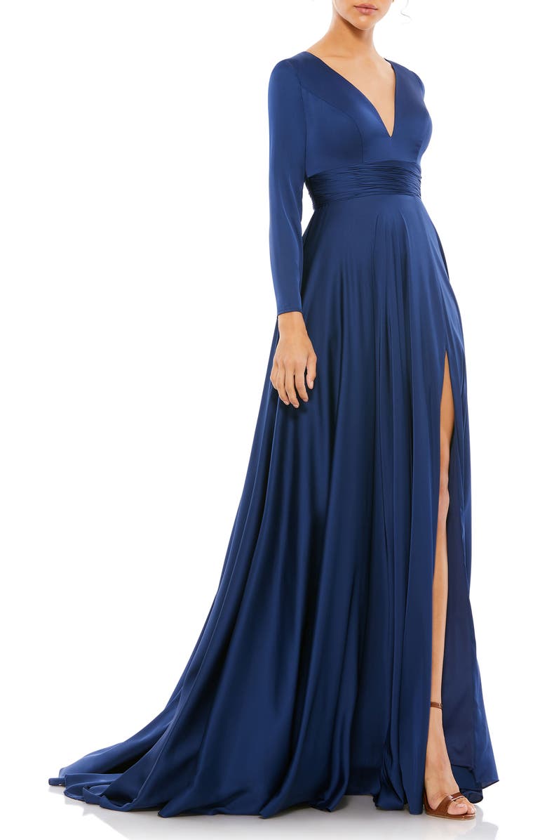 Mac Duggal Long Sleeve Ruched Waist A-Line Gown, Main, color, Midnight