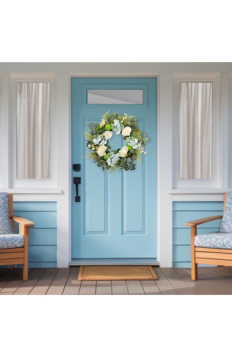 Northlight Hydrangea, Rose and Geranium Artificial Floral Spring Wreath, White and Blue - 24-Inch, Alternate, color,
