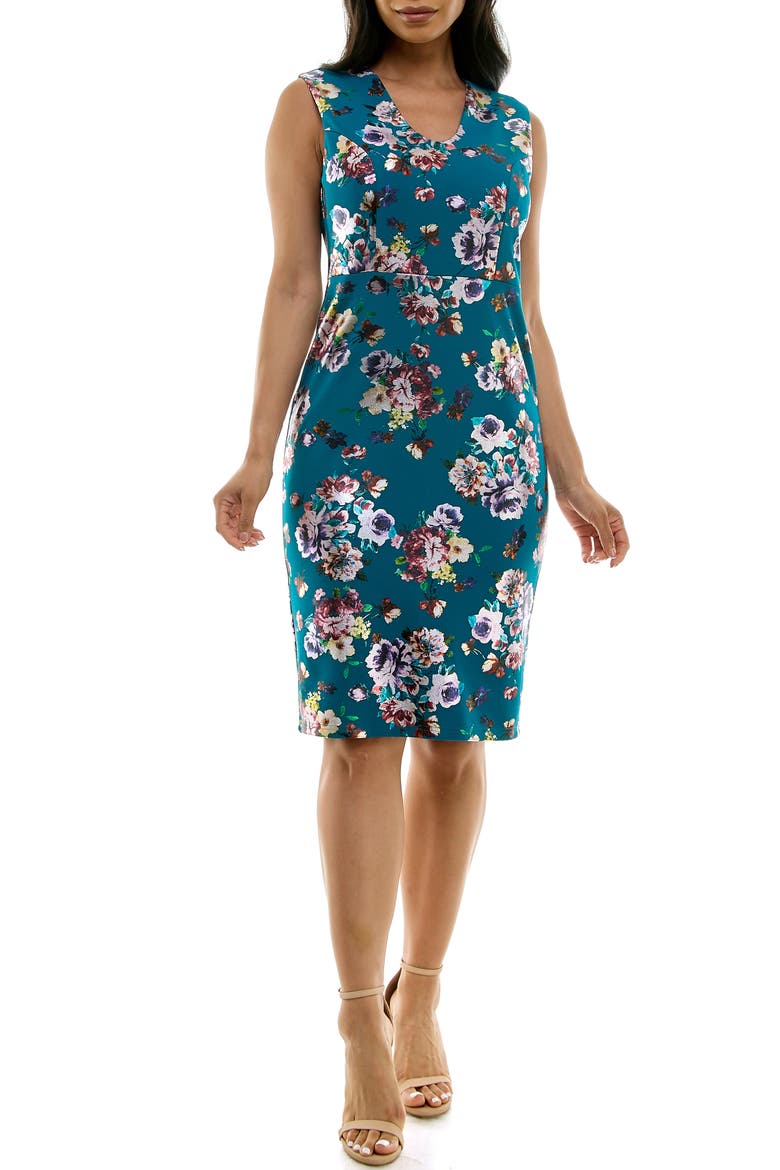 Floral U Neck Sleeveless Scuba Knit Sheath Dress, Main, color, DEEP LAGOON MULTI