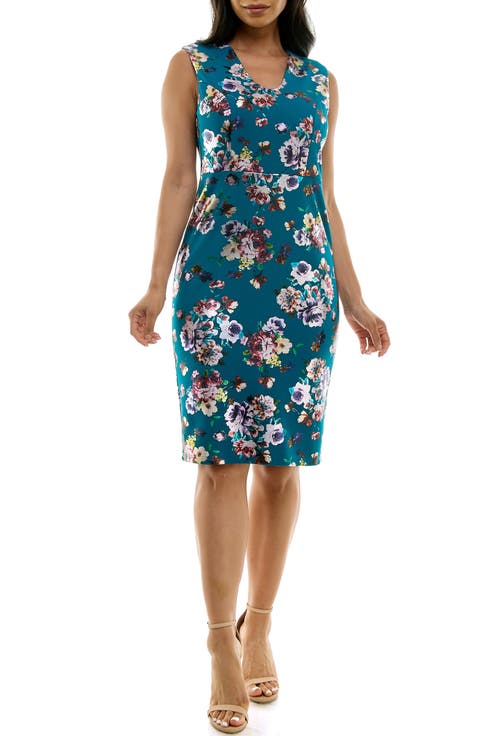 Floral U Neck Sleeveless Scuba Knit Sheath Dress