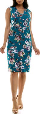 Nina Leonard Floral U Neck Sleeveless Scuba Knit Sheath Dress