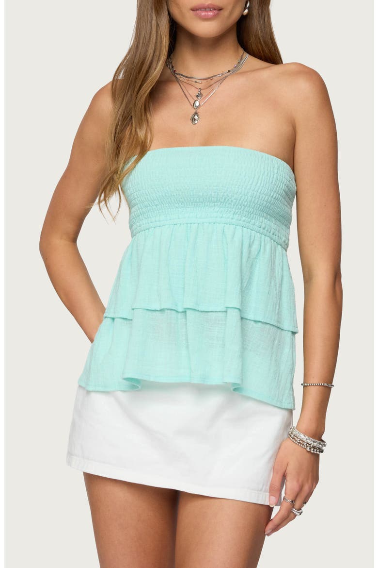Harleigh Strapless Smocked Cotton Top, Main, color, TURQUOISE