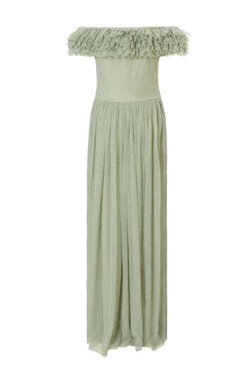 Quiz Mesh Ruffle Bardot Maxi Dress In Sage