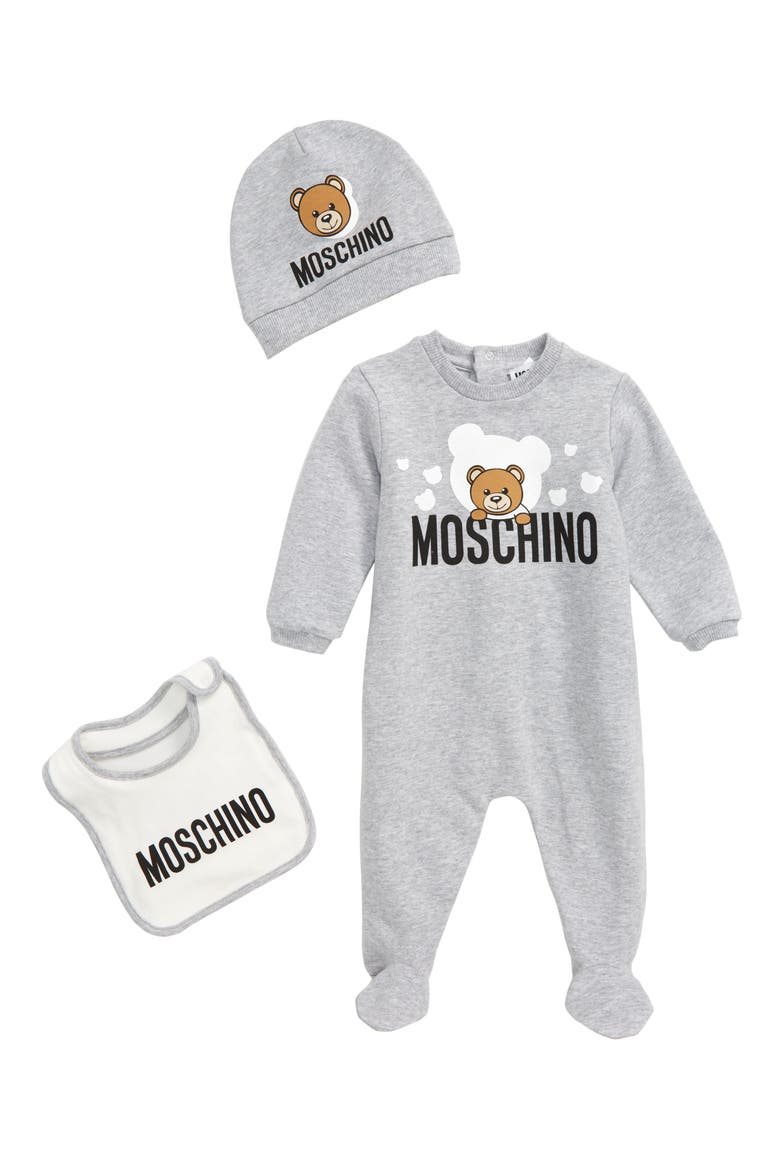 Bear Cloud Graphic Footie, Cap & Bib Set, Main, color, GREY