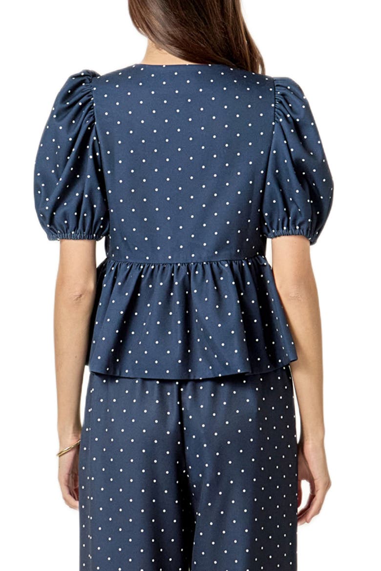 Dot Tie Front Puff Sleeve Top, Alternate, color, NAVY