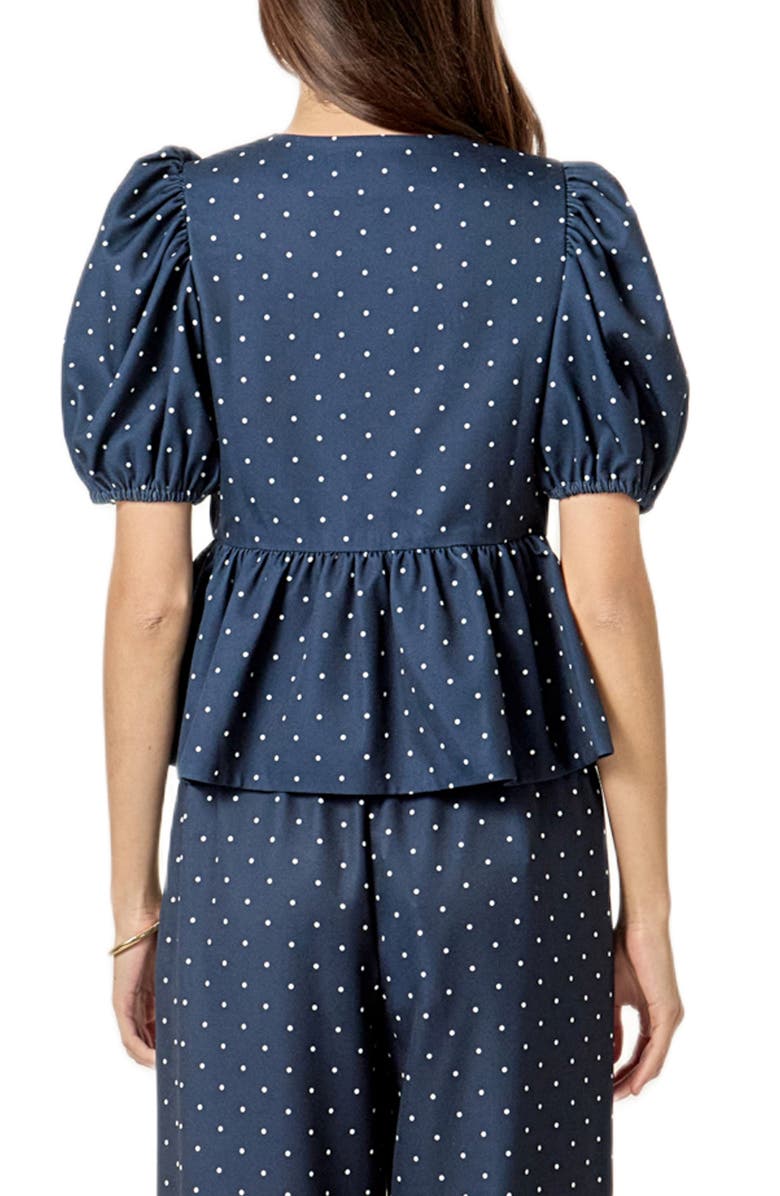 English Factory Dot Tie Front Puff Sleeve Top, Alternate, color, Navy
