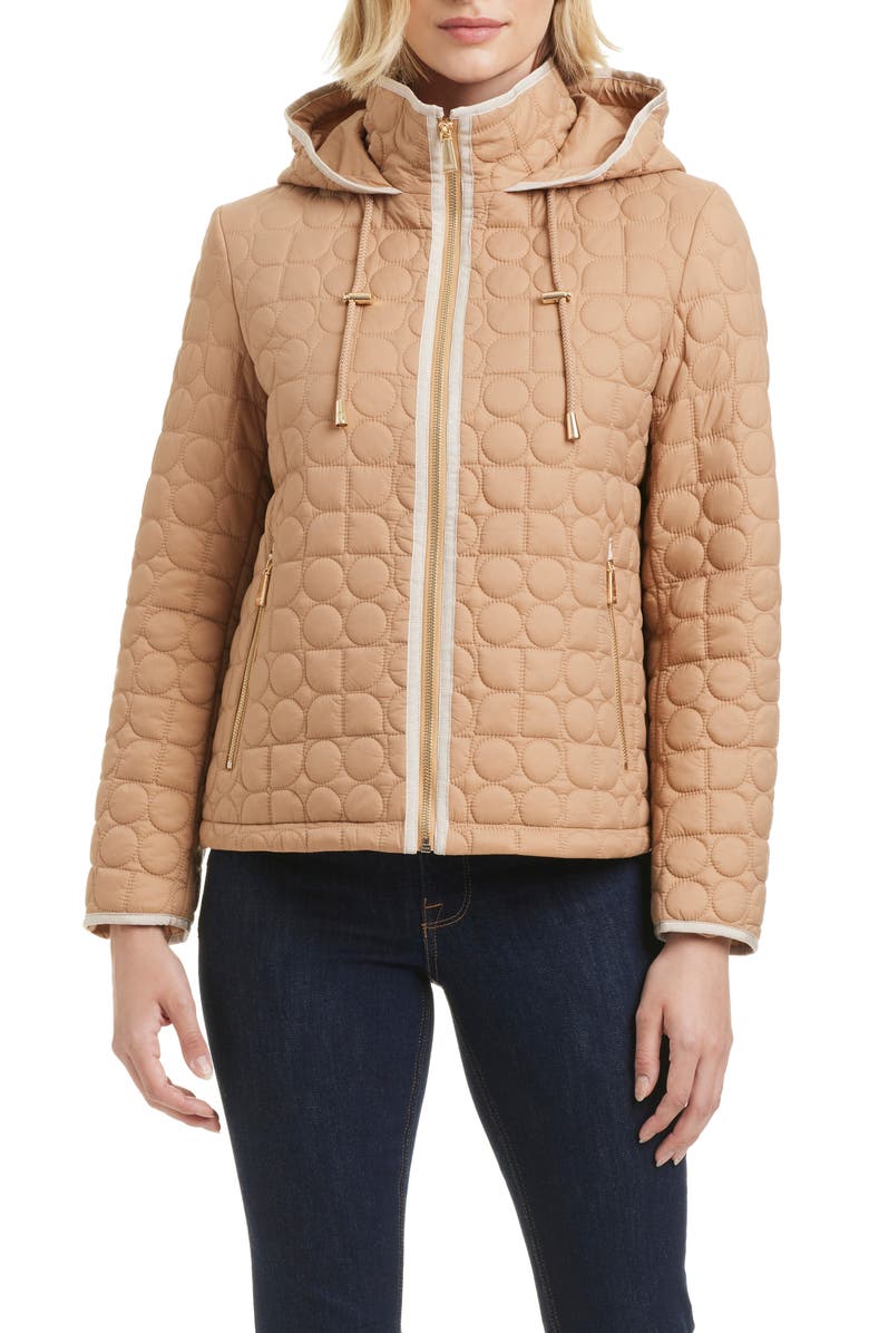 Kate Spade New York water resistant hooded quilted jacket, Main, color, Camel