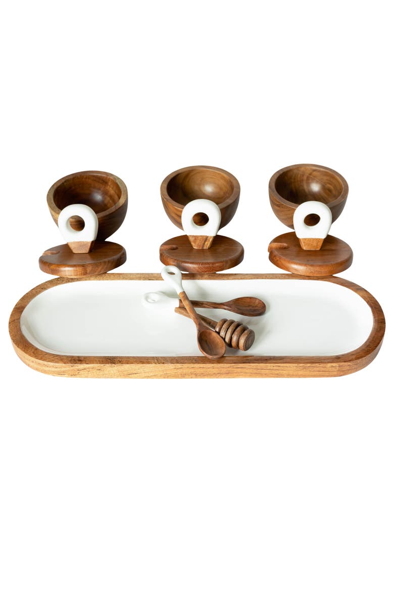 Jeanne Fitz Wood + White Collection Acacia Wood 3 Dipping Bowls with Charcuterie Utensils, Alternate, color, White, Brown