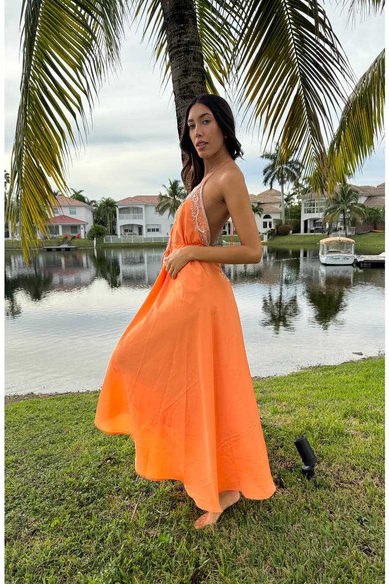 Plunge V-Neck Maxi Dress, Alternate, color, SOFT ORANGE