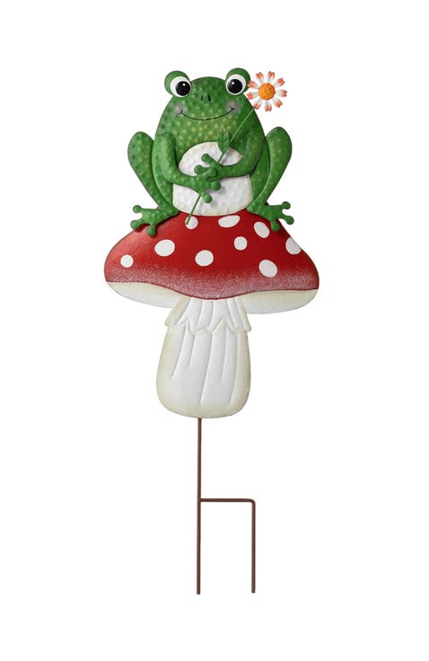 30"H Multi-functional 2-in-1  Metal Stacked Mushroom and Frog Garden Yardstake Wall Decor