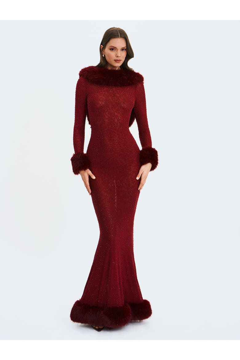 Melrose Petite-Length Rhinestone Mesh Low Back Mermaid Dress, Alternate, color, Burgundy