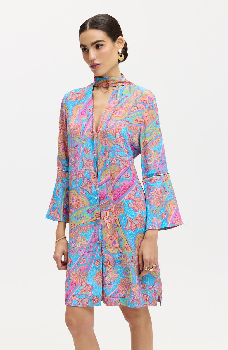 Robert Graham Brenna Tie Neck Long Sleeve Shift Dress, Alternate, color, Blue Multi