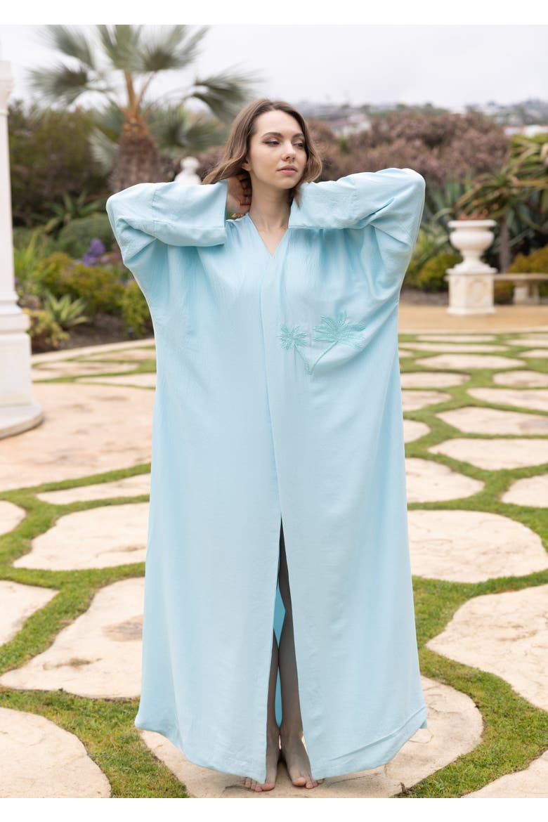 Palm Embroidered Silk Kaftan, Alternate, color, Tiffany Blue