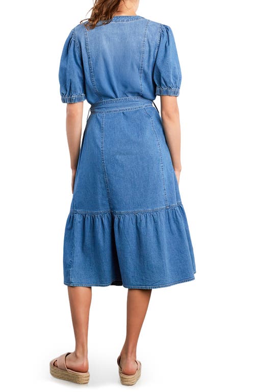 Wash Lab Denim Ruffle Hem Tie Waist Denim Midi Dress In Blue