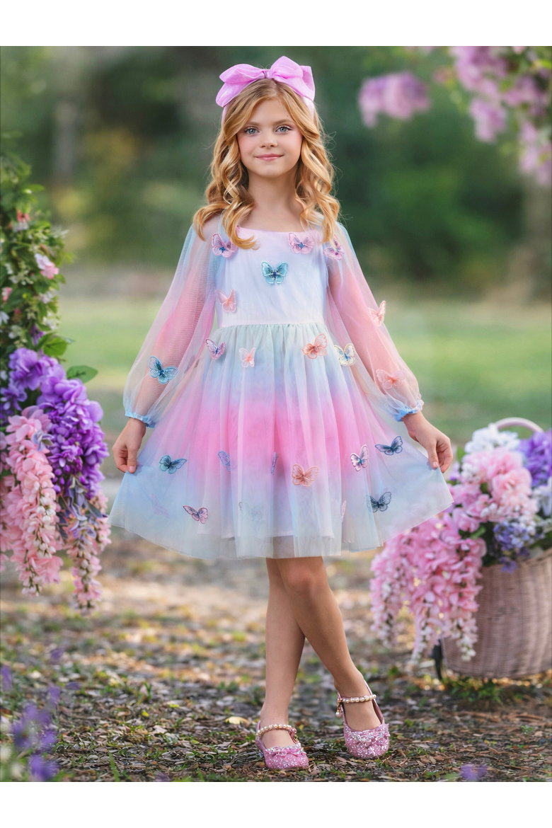 Butterfly Ombre Tulle Party Dress, Alternate, color, Pink