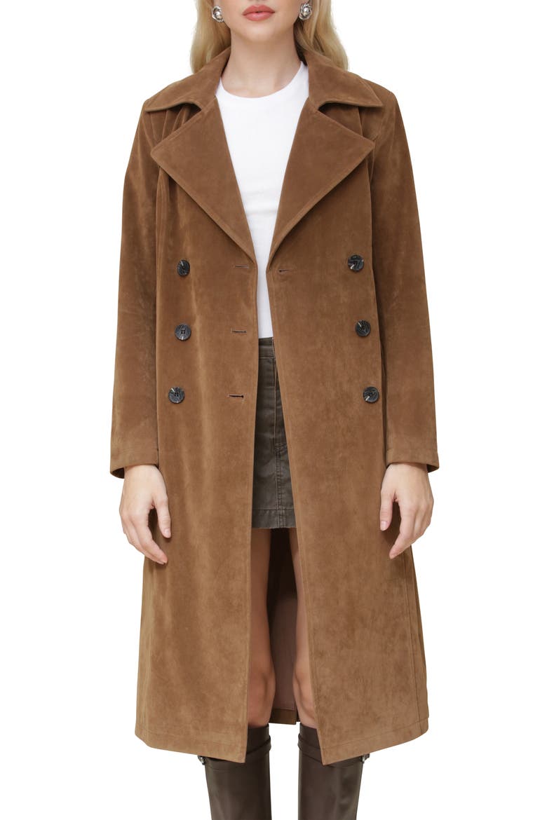 Faux Suede Double Breasted Belted Coat, Alternate, color, WOOD